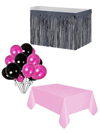 Pembe Masa Örtüsü Siyah Masa Eteği  20 adet siyah pembe balon Set