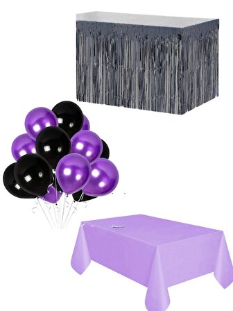 Mor Masa Örtüsü Siyah Masa Eteği  20 adet siyah mor balon Set