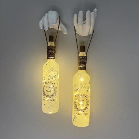 El Yapımı Heykel El Dekorlu Led Işıklı Buzlu Cam Şarap Şişesi Aplik 2'li Set