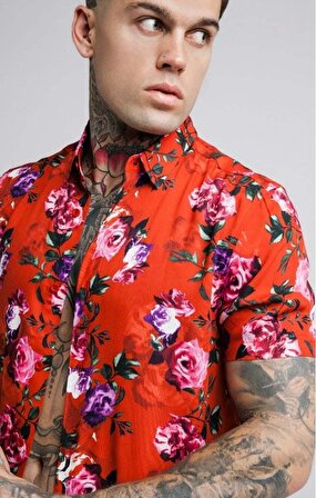 SikSilk Red Rose Printed Erkek Gömlek