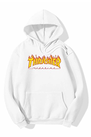 3 Iplik Polarlı Kapüşonlu Oversize Kalıp Hoodie Thrasher Tasarımlı Unisex Sweatshirt