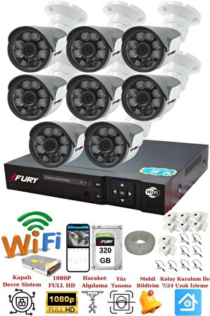 FURY 8 Kameralı 5mp Lensli 1080P 2mp Görüntü 6 Atom Gece Görüşlü FullHd Güvenlik Kamerası Sistemi 320GB