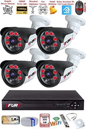 FURY 4 Kameralı Gece Görüşlü 1080P 2Mp Görüntü Full Hd Atom Led Güvenlik Kamerası Seti 5570 320GB