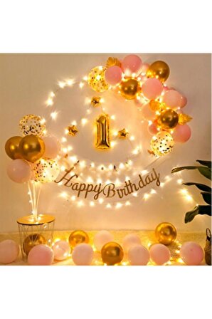 Led Işıklı Gold Pembe Balon Kemer Kiti Doğum Günü PArti Seti Süsü