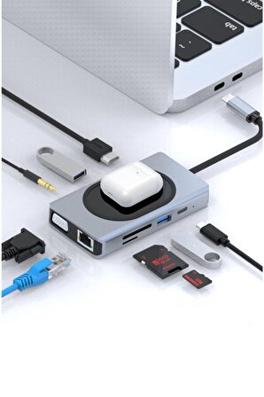 Macbook Uyumlu Type-c To Usb 3.0 4k Hdmı Gigabit Rj45 Aux 9 Port Çevirici Hub Adaptör