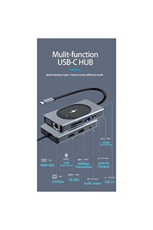 Macbook Uyumlu Type-c To Usb 3.0 4k Hdmı Gigabit Rj45 Aux 9 Port Çevirici Hub Adaptör