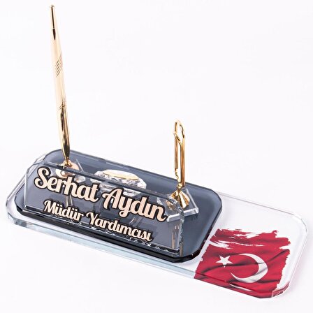 Türk Bayrağı Motifli Ataçlı Kalemli Ofis Hediye Ofis Masa üstü İsimlik Saatli Masa İsimliği 
