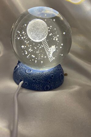 3D Led Işık Cam Küre Kristal Küre Fantezi Dekoru Gece Lambası Beyaz Mavi Polyester Altlı Astronot Ay 7 cm
