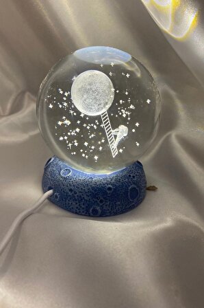 3D Led Işık Cam Küre Kristal Küre Fantezi Dekoru Gece Lambası Beyaz Mavi Polyester Altlı Astronot Ay 7 cm