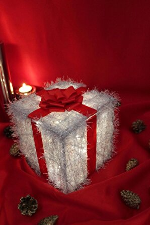 Noel Led Işıklı Hediye Kutusu Paketi Yılbaşı Gümüş - Gümüş_10x10x10