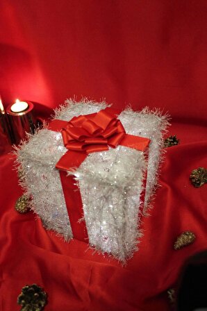 Noel Led Işıklı Hediye Kutusu Paketi Yılbaşı Gümüş - Gümüş_10x10x10