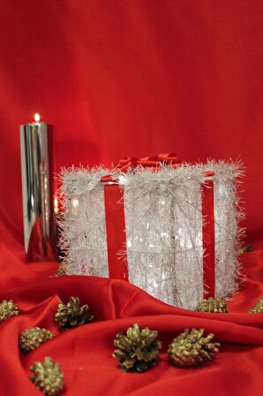 Noel Led Işıklı Hediye Kutusu Paketi Yılbaşı Gümüş 15*15*15