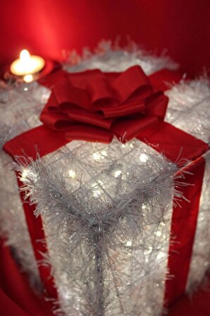 Noel Led Işıklı Hediye Kutusu Paketi Yılbaşı Gümüş 15*15*15
