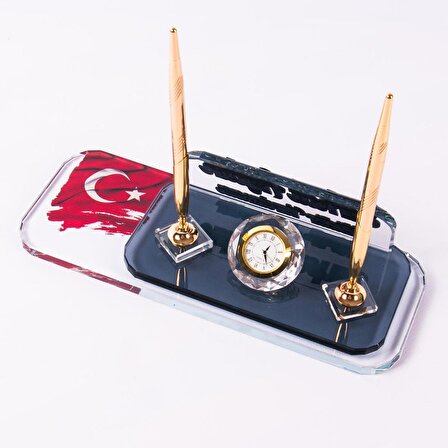 Türk Bayrağı Motifli Masa İsimliği Altın Renk Kalemli Kristal Masa İsimlik Ofis Hediyesi