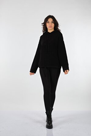 Unıque Mode Kapüşonlu Cepli Uzun Kollu Siyah Kadın Triko UW222012