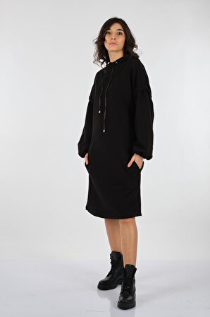 Unıque Mode Kapüşonlu Uzun Kollu Siyah Kadın Elbise UW223514
