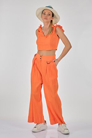 Unıque Mode Fermuarlı Kalın Askılı Oranj Kadın Bluz US227005