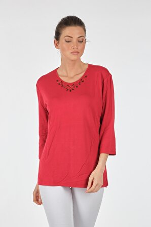 Desen Yuvarlak Yaka Çiçekli Truvakar Kol Kırmızı Kadın Bluz 22121723