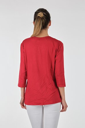 Desen Yuvarlak Yaka Çiçekli Truvakar Kol Kırmızı Kadın Bluz 22121723