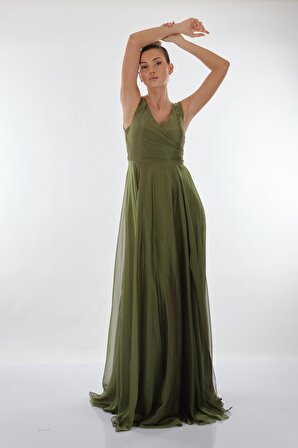 Dori V Yaka Yırtmaç Detaylı Kalın Askılı Yağ Yeşili Kadın Elbise 221KB4055