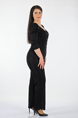Dori V Yaka Simli Balon Kol Siyah Kadın Elbise 221AB4079
