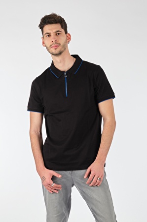 Ecer Polo Yaka Slim Fit Fermuarlı Kısa Kollu Siyah Erkek T-shırt 61782212