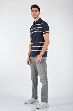 Porto Cervo Polo Yaka Slim Fit Çizgili Kısa Kollu Lacivert Erkek T-shırt 221220204