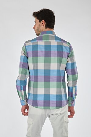 Porto Cervo Düğmeli Yaka Kareli Uzun Kollu Mavi-Mor Erkek Gömlek 221220244