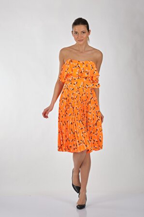 Explosıon Çiçekli Straplez Oranj Kadın Elbise 22154762