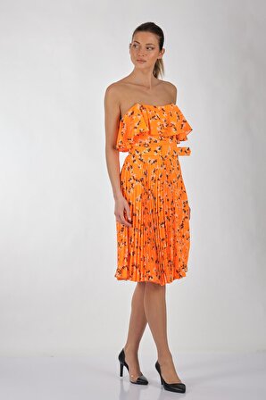 Explosıon Çiçekli Straplez Oranj Kadın Elbise 22154762