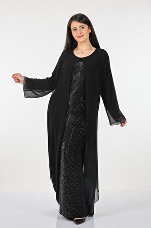 Rozeşah Büyük Beden Taş Baskılı Uzun Kollu Siyah Kadın Elbise 2216296