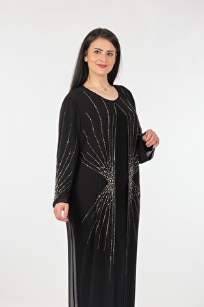 Rozeşah Büyük Beden Taş Detaylı Uzun Kollu Siyah Kadın Elbise 2216333