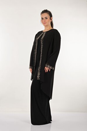Rozeşah Büyük Beden Taş Baskılı Uzun Kollu Siyah Kadın Elbise 2216335