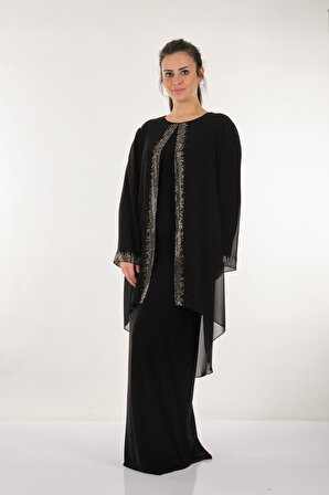 Rozeşah Büyük Beden Taş Baskılı Uzun Kollu Siyah Kadın Elbise 2216335