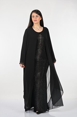 Rozeşah Büyük Beden Taş Baskılı Uzun Kollu Siyah Kadın Elbise 2216296