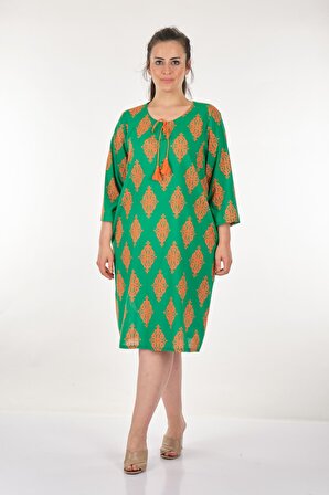 Tolga Saraçoğlu V Yaka Büyük Beden Desenli Uzun Kollu Yeşil Kadın Elbise 22YELB40138