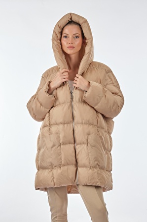 Monalure Kapüşonlu Oversize Bej Kadın Mont 1102644