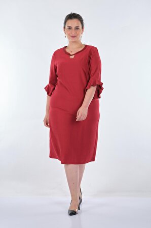 Desen Yuvarlak Yaka Truvakar Kol Kırmızı Kadın Elbise 22122723