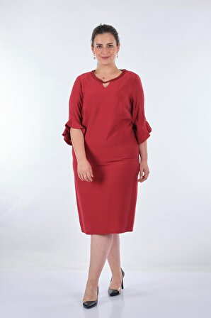 Desen Yuvarlak Yaka Truvakar Kol Kırmızı Kadın Elbise 22122723