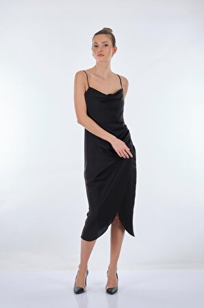 Dori Degaje Yaka İp Askılı Siyah Kadın Elbise 221AB3060