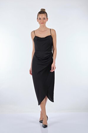 Dori Degaje Yaka İp Askılı Siyah Kadın Elbise 221AB3060