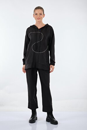 Unique Mode Kapüşonlu Çizgili Uzun Kollu Siyah Kadın Bluz UW233802