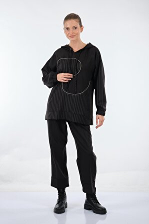 Unique Mode Kapüşonlu Çizgili Uzun Kollu Siyah Kadın Bluz UW233802