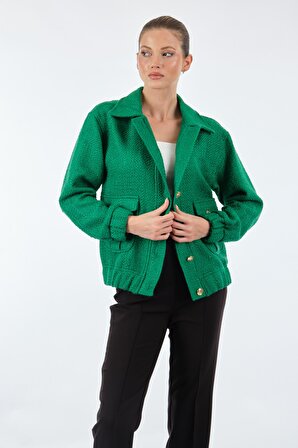 Unique Mode Düz Yaka Cepli-Düğmeli Uzun Kollu Yeşil Kadın Ceket UW233211