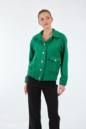Unique Mode Düz Yaka Cepli-Düğmeli Uzun Kollu Yeşil Kadın Ceket UW233211
