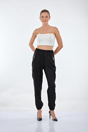 Unique Mode Çizgili Lastikli Paça Yüksek Bel Lastikli Siyah Kadın Pantolon UW233410