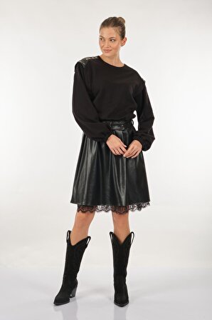 Unique Mode Yuvarlak Yaka Deri Detaylı Siyah Kadın Elbise UW233511