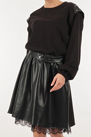 Unique Mode Yuvarlak Yaka Deri Detaylı Siyah Kadın Elbise UW233511