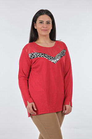 Twomail Yuvarlak Yaka Büyük Beden Uzun Kollu Kırmızı Kadın T-Shirt MK2250P10619