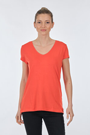 On V Yaka Kısa Kollu Oranj Kadın T-Shirt 22271306